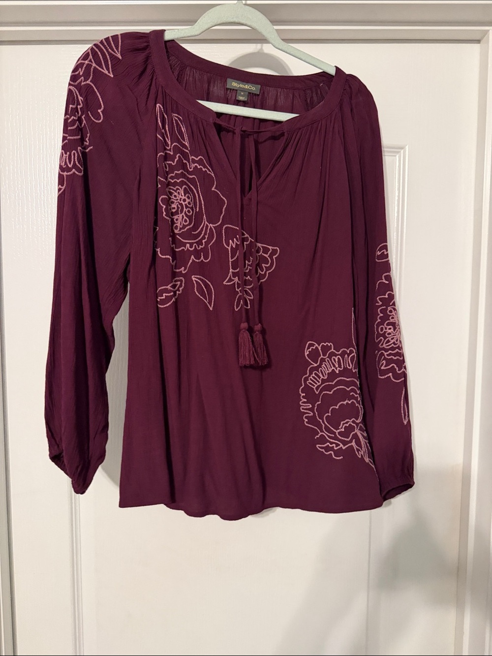 Style & Co. Plum Floral Tassel Peasant Blouse